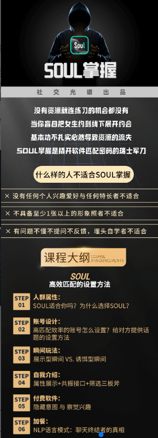 soul掌握教会给你的是软件高效开启资源的设置方法。课程短小精悍，知识量爆炸。 soul千万用户，最大流量的男女匹配社交性平台，缘分一直在等你。